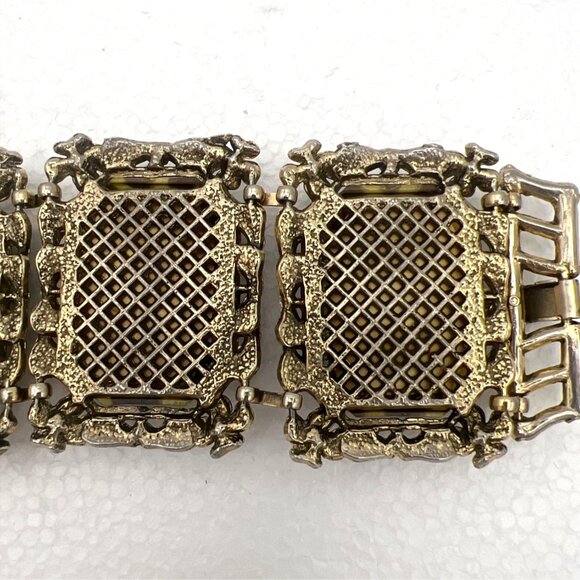 Vintage Animal Print Chunky Bracelet Lucite Brown Gold Cabochons Gold Tone  READ - Picture 6 of 11